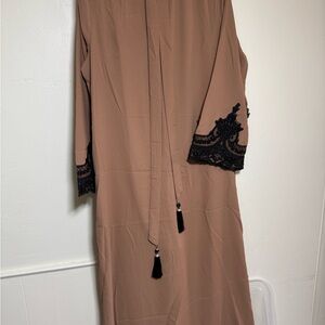 Elegant Brown Abaya with Black Lace Trim